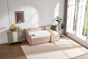 English Elm Twin Velvet Daybed with Pull Out Trundle Tufted Back Usb Port and Side Pockets Pink W1361S00037