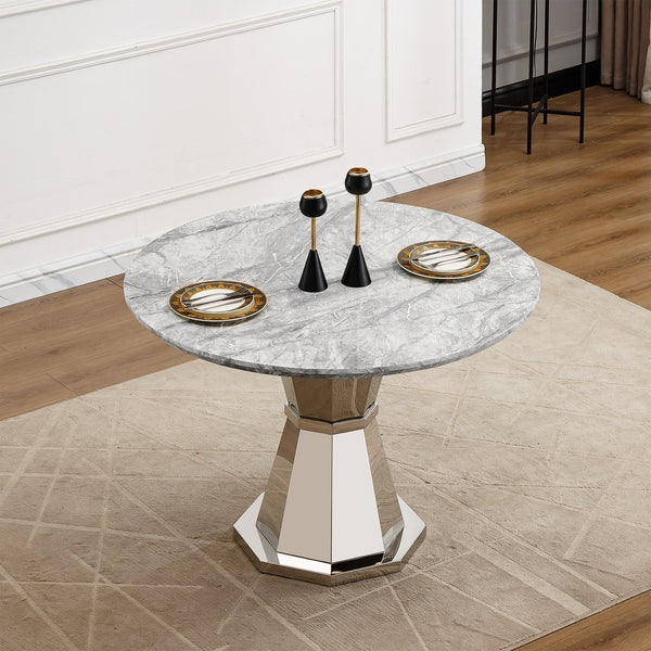 English Elm 47" Round Marble Dining Table - Stylish Faux Marble Top & Durable Stainless Steel Base For Any Space W3456S00004