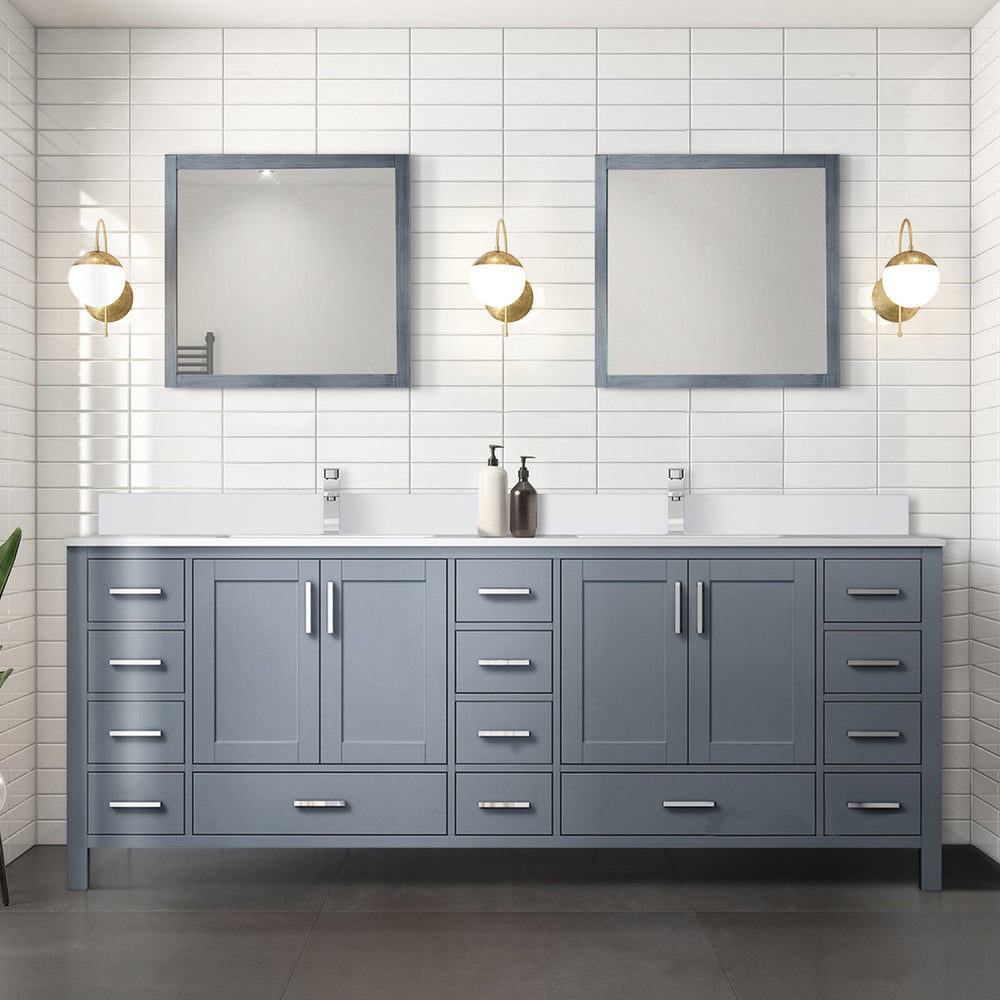 English Elm Dark Grey 84" Double Bath Vanity with White Quartz Top, 14 Drawers, Soft-Close, Chrome Faucet Set B2731P259153