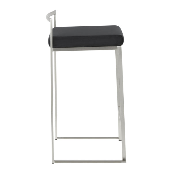 English Elm Fuji Contemporary Stackable Counter Stools - Sleek Stainless Steel & Plush Black Velvet Cushion Pair B202P221930