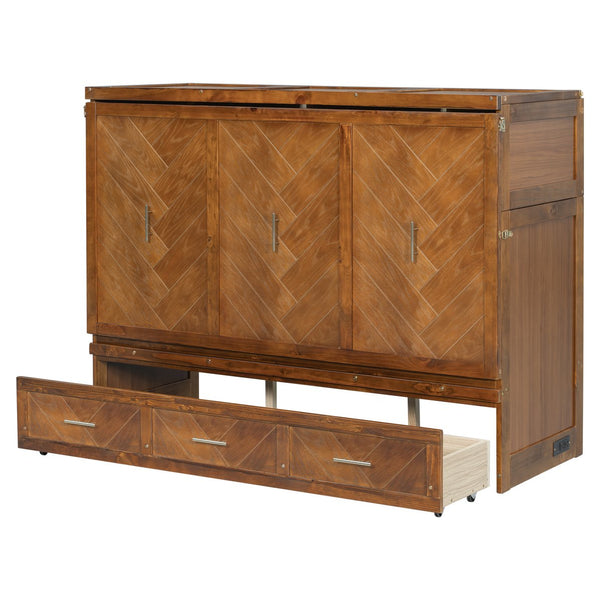 English Elm Queen Murphy Cabinet Bed Pine Wood Geometric Panels Usb Charging Guest Room Storage W504S00303