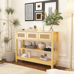English Elm 43.3" Farmhouse Console Table Rattan Drawer Fronts Open Shelving Entryway Storage Natural Wood T3210P426416