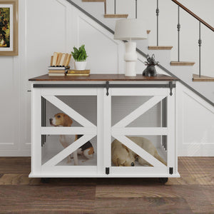 English Elm 47.2" Double Dog Crate Farmhouse Console with Rolling Casters and Barn Doors W2557P330269