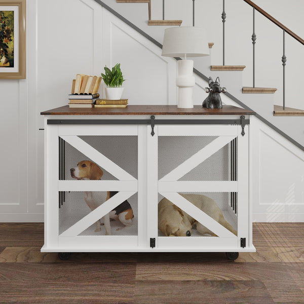 English Elm 47.2" Double Dog Crate Farmhouse Console with Rolling Casters and Barn Doors W2557P330269