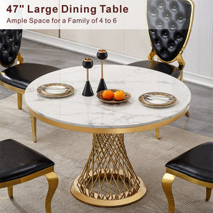 English Elm 47" Round Marble Dining Table - Luxurious Faux Marble Top & Sturdy Stainless Steel Base For Versatile Use W3456S00002