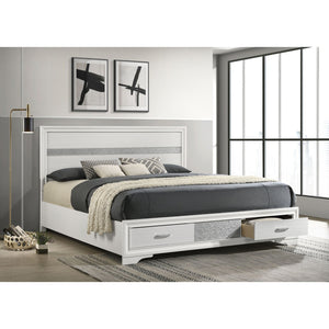 English Elm May 2-Drawer Platform Eastern King Storage Bed with Shimmery Foil Headboard and Rhinestone Pulls craftsmanship and glamour combined for dreamy modern bedroom allure White B062S01087