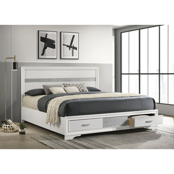 English Elm May 2-Drawer Platform Eastern King Storage Bed with Shimmery Foil Headboard and Rhinestone Pulls craftsmanship and glamour combined for dreamy modern bedroom allure White B062S01087