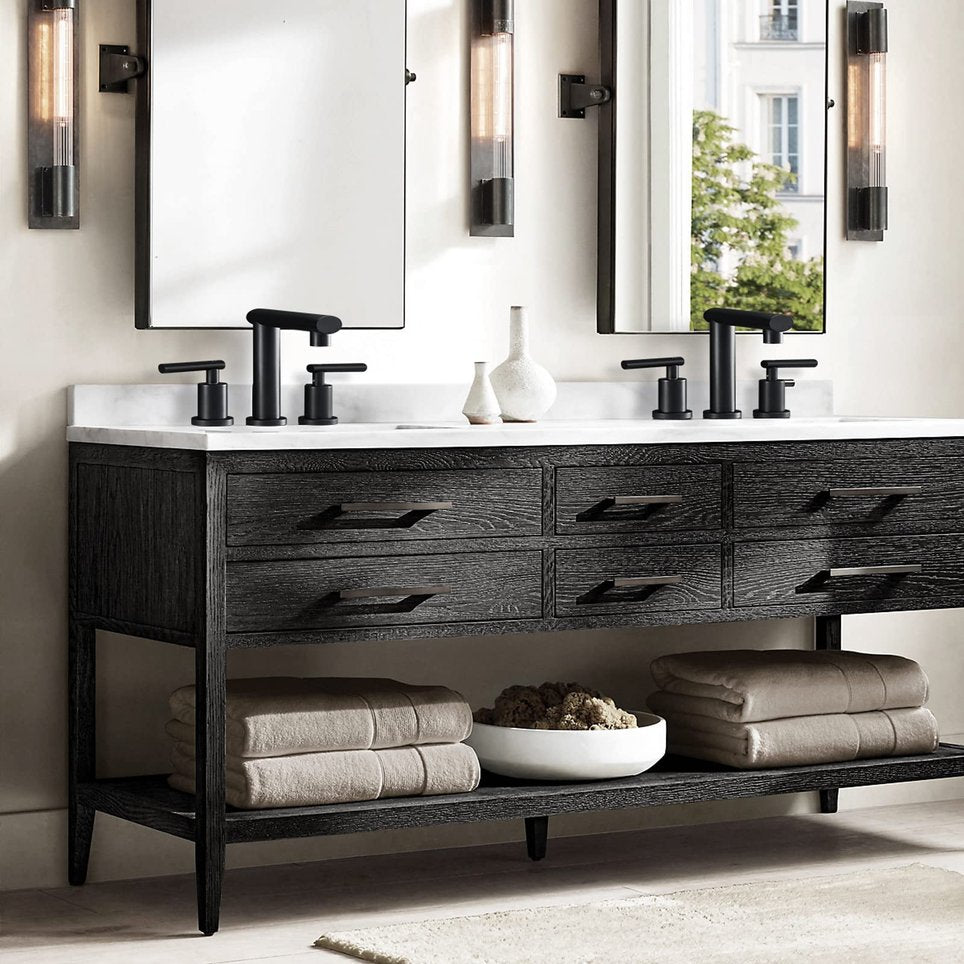 English Elm Matte Black Widespread Bathroom Faucet - Modern Waterfall Design, 2-Handle, Complete Setup Included T3177P277505