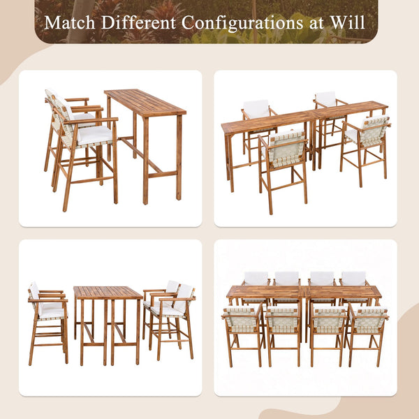 English Elm 6 Piece Acacia Wood Outdoor Bar Set with Cushioned Stools for Patio Poolside Dining N704G201254A