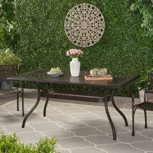 English Elm Christopher Knight Home® - PHOENIX Cast Aluminum Rectangle Dining Table with Floral Lattice, Umbrella Hole, Rust-Resistant Finish Bronze 69.75 L x 40.5 W x 4.75 H 57704.00