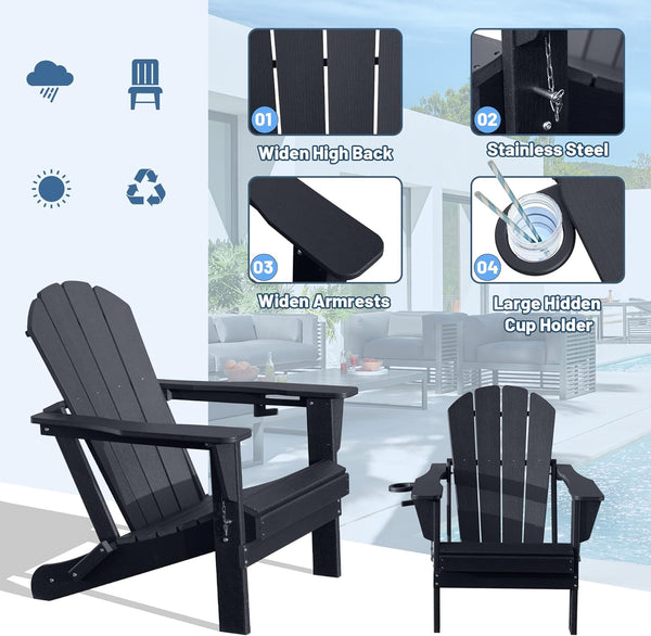 English Elm Adirondack Hdpe Folding Chair Set Outdoor Patio Fire Pit Seating with Cup Holder Black W1859P453299