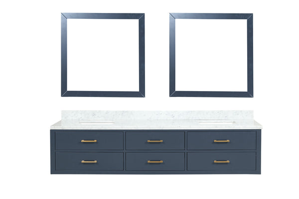 English Elm Blue Double Bath Vanity Set With Carrara Marble Top & Matching Mirrors - Elegant Storage Solution B2731S01589