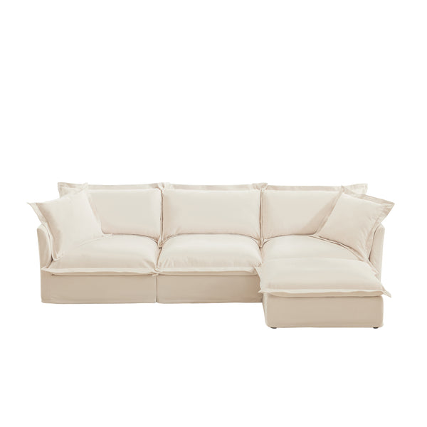 English Elm L-Shaped Slipcovered Sectional Sofa – Plush Chenille Couch With Convertible Ottoman & Pillows, Cream W3041S00006