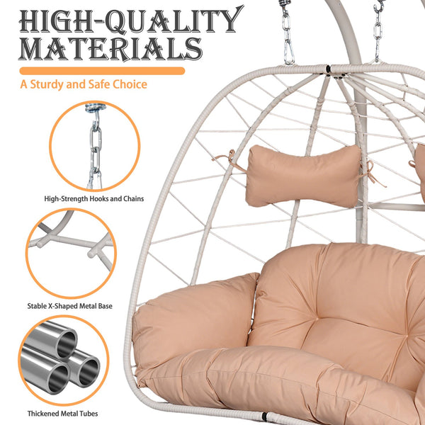English Elm 2-person Wicker Egg Hanging Chair with Canopy Steel Stand Outdoor Patio Swing T5880P502246