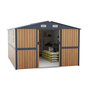 English Elm 10x12 Galvanized Steel Outdoor Shed with Lockable Entry Windows and Sloped Roof W1598S00032