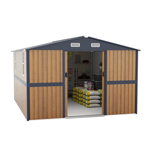 English Elm 10x12 Galvanized Steel Outdoor Shed with Lockable Entry Windows and Sloped Roof W1598S00032
