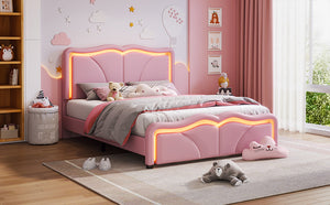 English Elm Full Full Size Upholstered Platform Bed in Pink with Curved Headboard, 3-Height Adjust, LED Strips, Sturdy Frame WF323749AAH