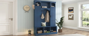 English Elm On-trend Farmhouse Hall Tree with Dual Cabinets Seven Hooks and Arched Entryway Storage Blue N721S000078C
