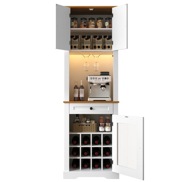 English Elm Bar Cabinet Farmhouse 69 Inch with Rgb Led Barn Door Wine Rack and Charging Station White N728P438603W