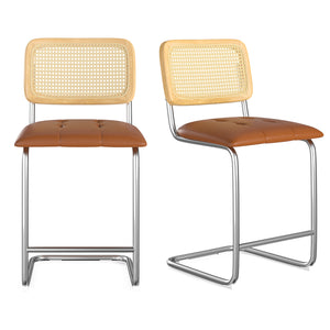 English Elm Farini Velvet Counter Height Bar Stools Set of 2 with Rattan Back, Cantilever Comfort & Floor Protectors Brown T3623P354966