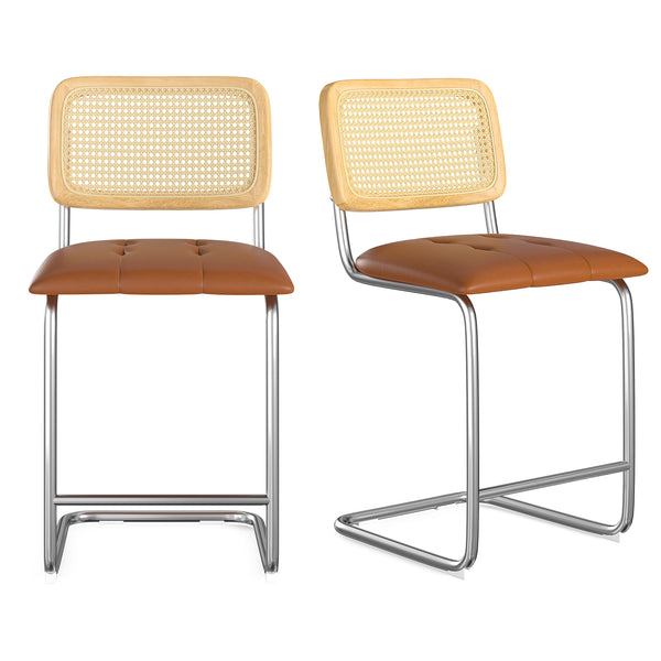 English Elm Farini Velvet Counter Height Bar Stools Set of 2 with Rattan Back, Cantilever Comfort & Floor Protectors Brown T3623P354966