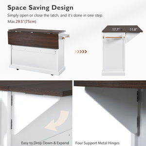 English Elm K&K 54.9" Farmhouse Kitchen Island Cart with Drop Leaf, Charging Station, Barn Doors & Glass Pane White N707P300277W