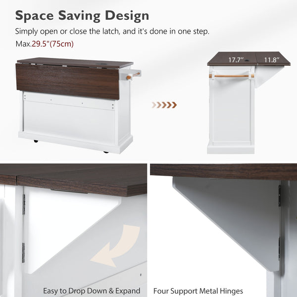 English Elm K&K 54.9" Farmhouse Kitchen Island Cart with Drop Leaf, Charging Station, Barn Doors & Glass Pane White N707P300277W