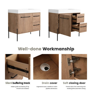 English Elm 36" Freestanding Bathroom Vanity Plywood Base Resin Sink Soft Close Storage W999S00526