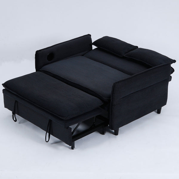 English Elm 65.74-inch convertible letter sofa bed with adjustable armrests, pull-out extension, cup holders, durable frame and plush sponge cushions Black W3371P311476