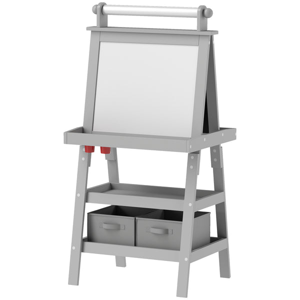English Elm Qaba Double-Sided Kids Easel with Paper Roll, Magnetic Whiteboard & Chalkboard, Storage Tray Fun Gray W2225P229712