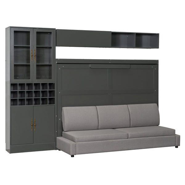 English Elm Full Size Murphy Wall Bed with Linen Sofa Shelving Usb Charging and Built-in Light LP000763AAE