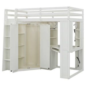 English Elm Twin Loft Bed with Wardrobe Desk Charging Station and Spotlights for Small Rooms Beige White LT000450AAK