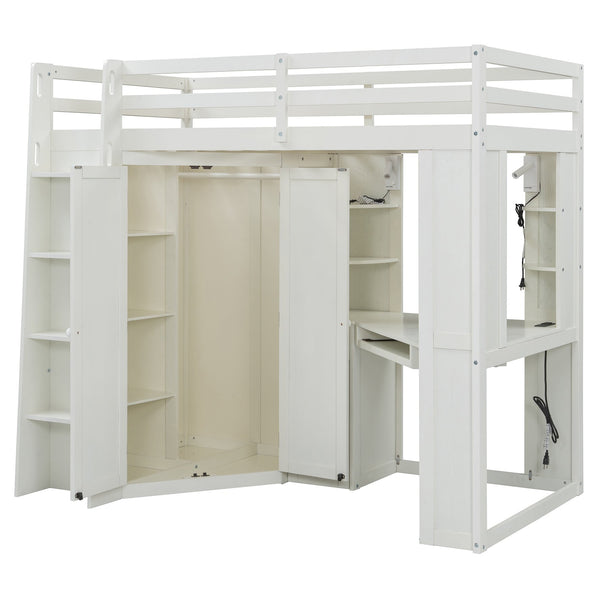 English Elm Twin Loft Bed with Wardrobe Desk Charging Station and Spotlights for Small Rooms Beige White LT000450AAK