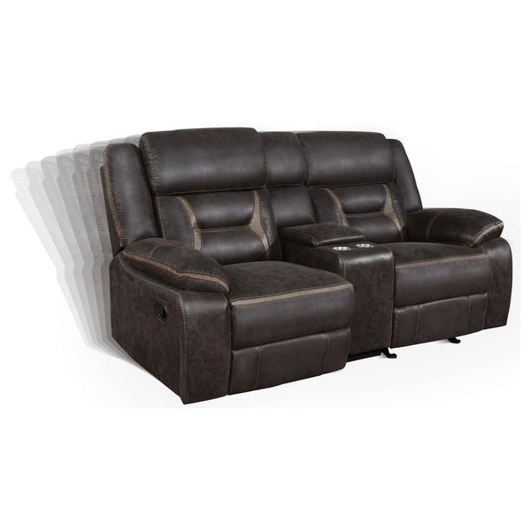 English Elm Brazelton 2-Piece Manual Reclining Sofa & Glider Loveseat Set with Leather, Cup Holders, USB Power Brown B062S00844