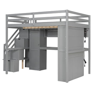 English Elm Full Loft Bed with Integrated Wardrobe Desk Shelving and Led Lighting for Teen Rooms Grey LT000927AAE