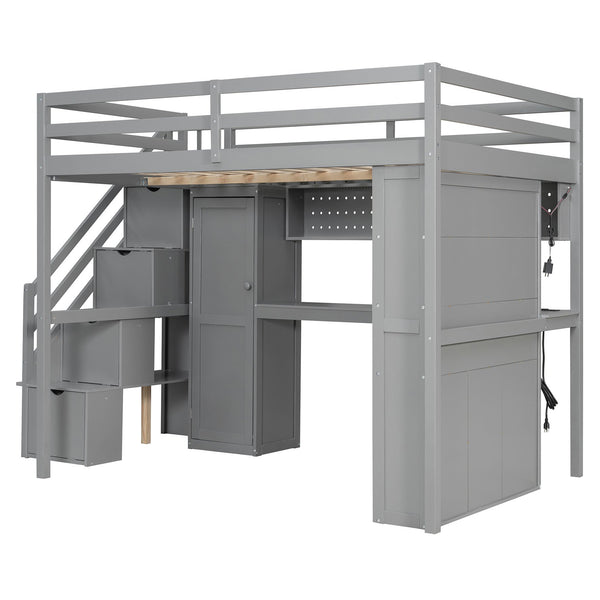 English Elm Full Loft Bed with Integrated Wardrobe Desk Shelving and Led Lighting for Teen Rooms Grey LT000927AAE