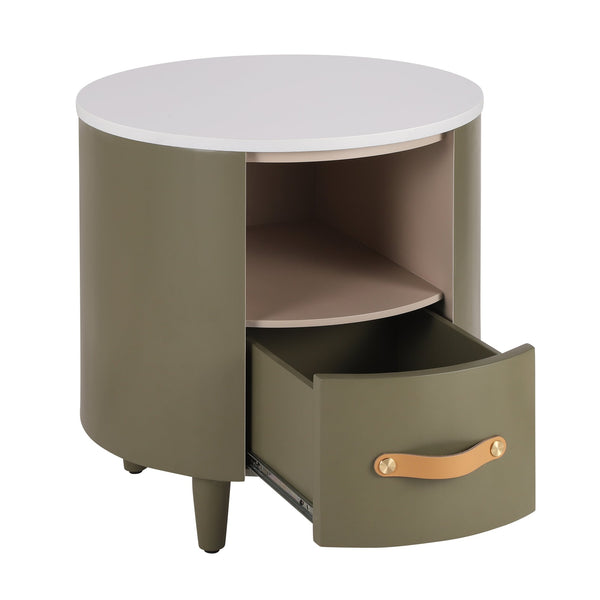 English Elm Christopher Knight Home® - Contemporary Round Nightstand with Drawer & Open Shelf, Curved Bedside Table with Leather Handles Green 22 L x 22 W x 19.75 H N761P285708F