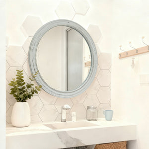 English Elm Round Distressed White Wood Beaded Wall Mirror – Vintage Farmhouse Accent For Brightening Spaces W2295P388974-GIGA