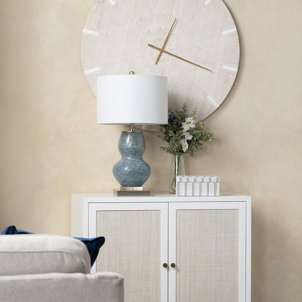 Crestview Collection 26.5"H Sculptural Blue Ceramic Table Lamp With Crystal Base, Silver Accents & White Linen Shade   Cvabs2424a