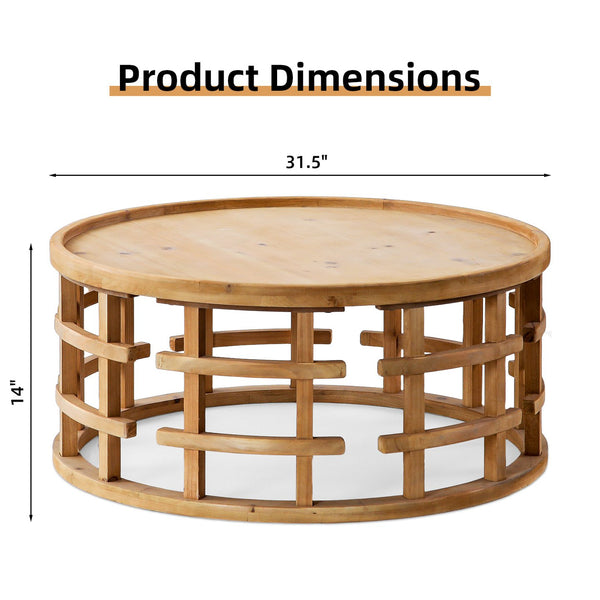 English Elm 31.5" Round Boho Coffee Table Natural Solid Wood 31.5" Top Open-Frame Geometric Base Rustic Chic W3306P318876