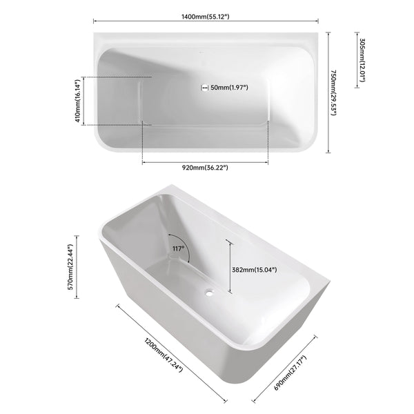 English Elm Premium Oval Acrylic Freestanding Soaking Tub High Back Glossy White Spa Style T3785P380643