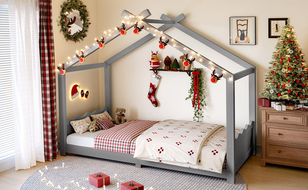 English Elm Twin House Frame Floor Bed Solid Pine Kids Room Montessori Low Profile Play Nook Gray W1580P387838