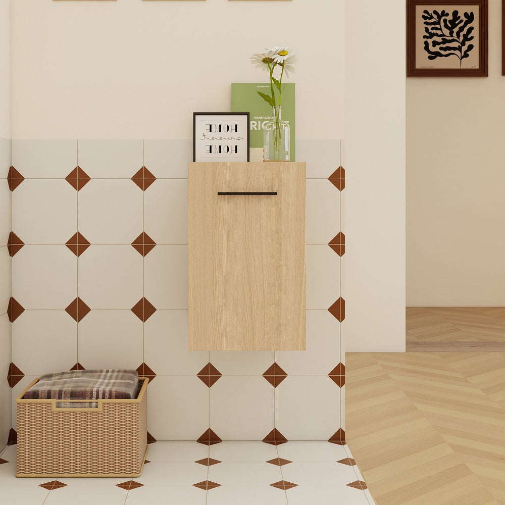 English Elm 12" Wall-mounted Oak Plywood Bathroom Linen Cabinet Slim Floating Single Door Storage W3450P440600