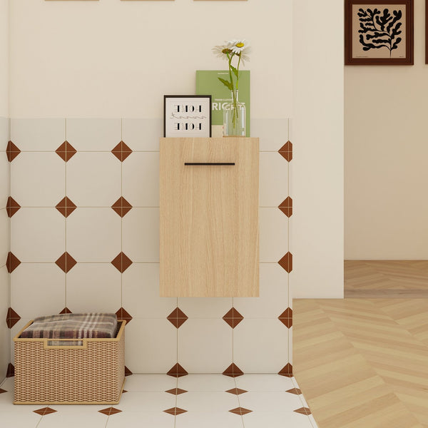 English Elm 12" Wall-mounted Oak Plywood Bathroom Linen Cabinet Slim Floating Single Door Storage W3450P440600