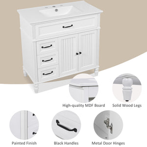 English Elm [video] 36 Inch Freestanding Bathroom Vanity Acacia Wood Legs Ceramic Sink Soft Close White N759S340019K