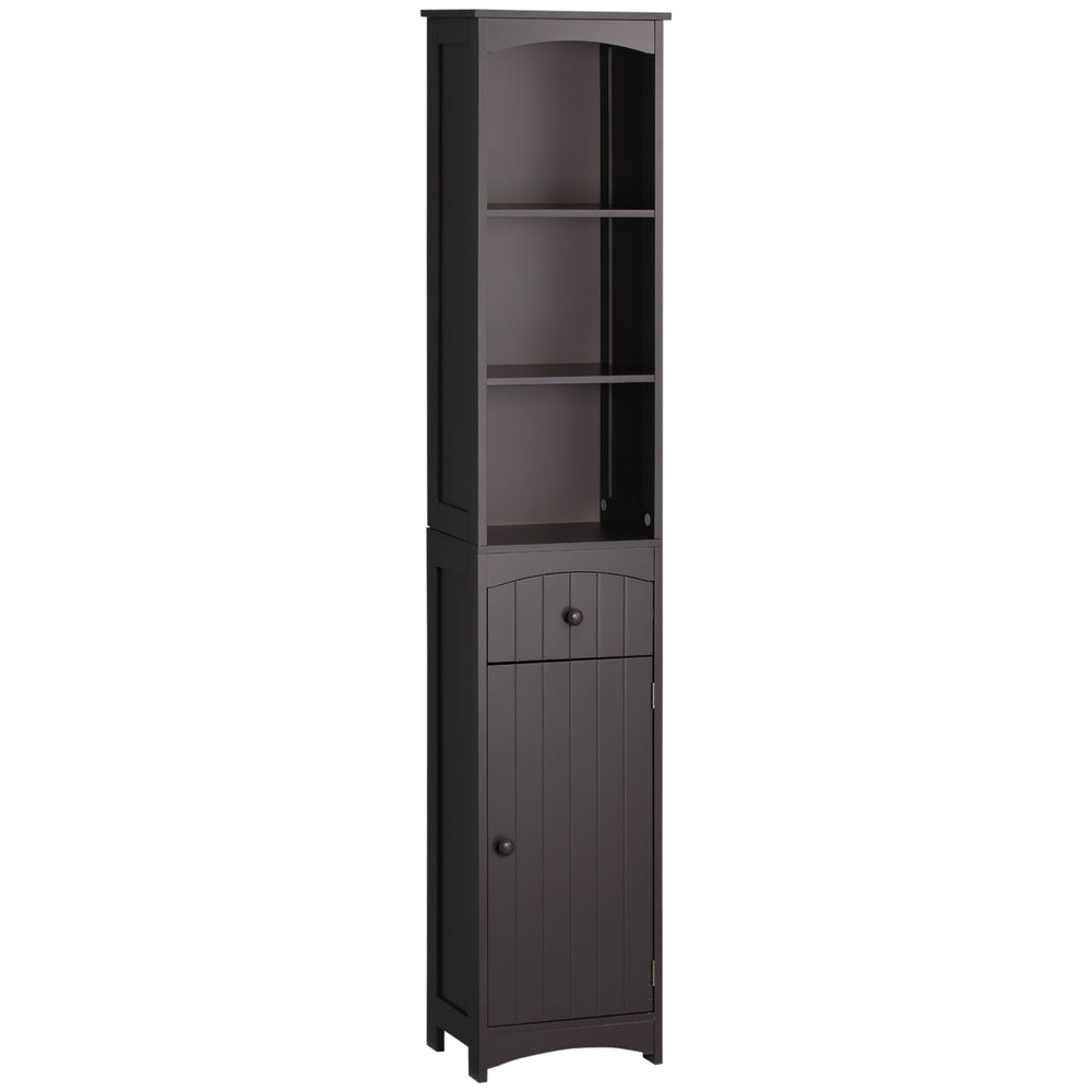 English Elm HOMCOM Tall Bathroom Linen Cabinet – Narrow Free-Standing MDF Tower with 3 Shelves, Drawer, Brown W2225P229566