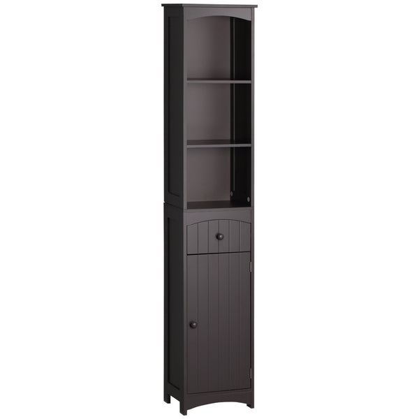 English Elm HOMCOM Tall Bathroom Linen Cabinet – Narrow Free-Standing MDF Tower with 3 Shelves, Drawer, Brown W2225P229566