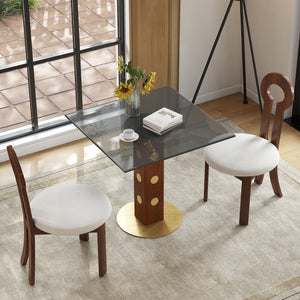 English Elm Modern Square Dining Table – 33.5" Glass Top With Walnut Legs & Gold Base For Small Spaces, 2-Person Use W1535S00581