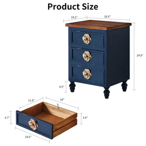 English Elm Vintage Farmhouse End Table with Floral Knobs 3-Drawer Rustic Nightstand Solid Wood Accents Antique Blue,Walnut W3306P318868