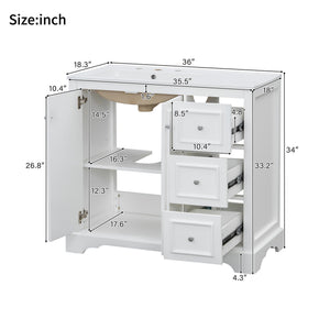 English Elm 36'' Transitional Bathroom Vanity with Ceramic Sink, Solid Wood Frame, Adjustable U-Shelf & Soft-Close Doors White N729P292966K